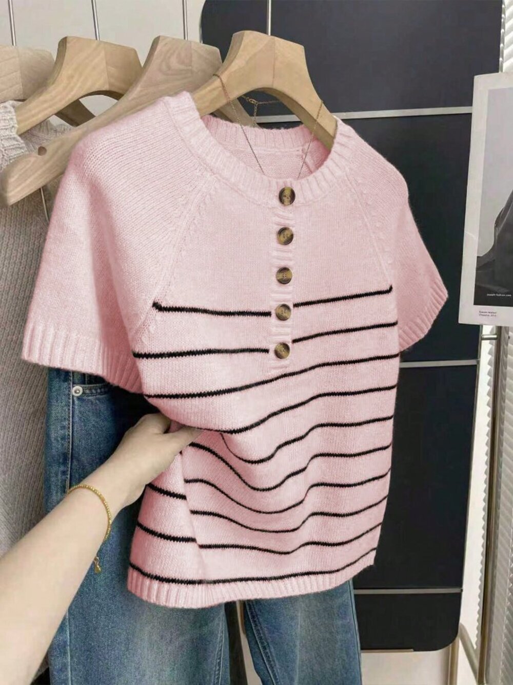 Pink Casual Women's Loose Round Neck Short Sleeve Knitted Stripe Sweater